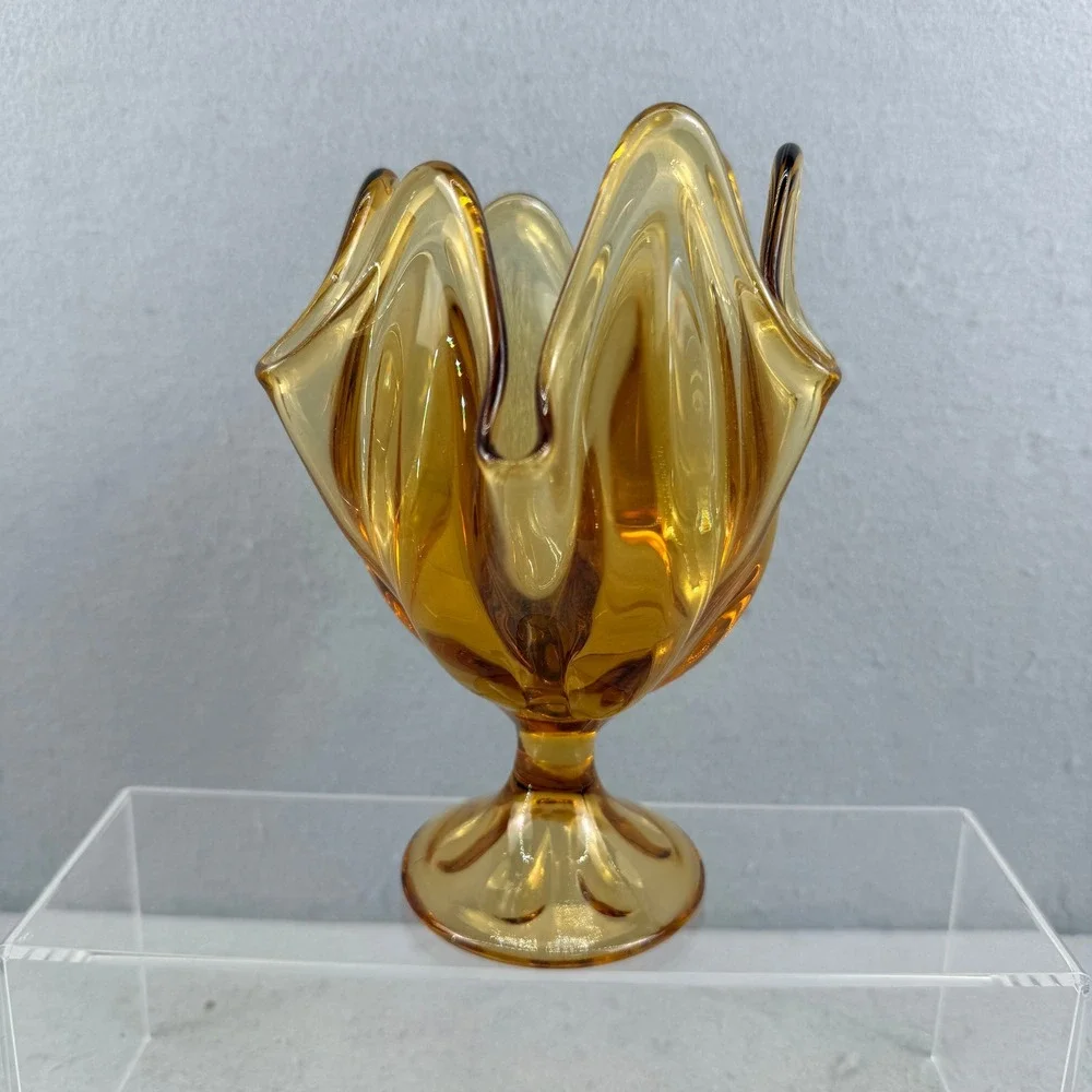 Viking Amber Art Glass Pedestal Vase Handkerchief Swung Rim Mid Century